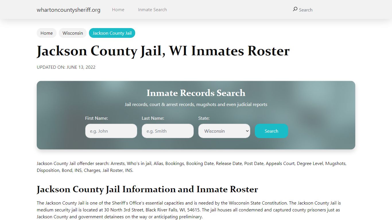 Jackson County Jail, WI Jail Roster, Name Search