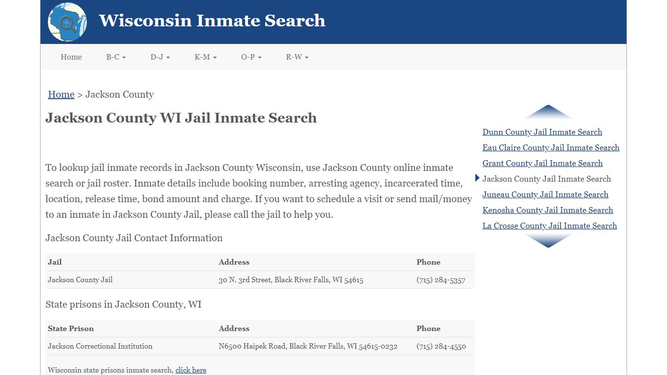 Jackson County WI Jail Inmate Search